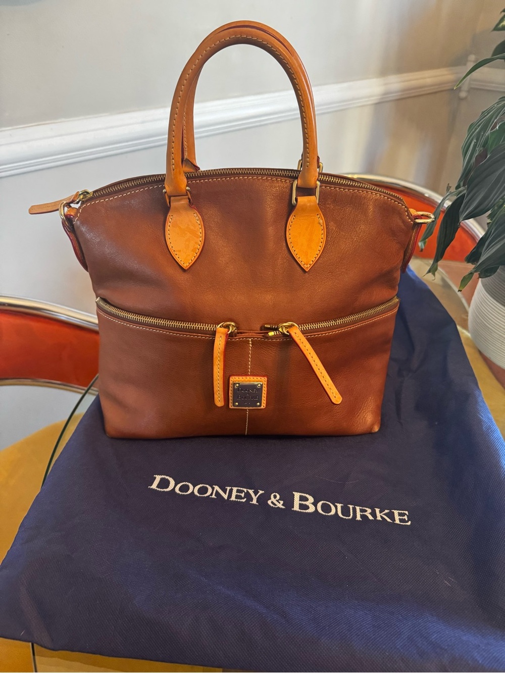 Dooney & Bourke Brown Leather Satchel with Tan Handles